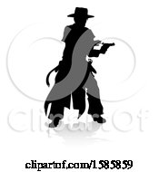 Poster, Art Print Of Silhouetted Shooting Cowboy With A Reflection Or Shadow On A White Background