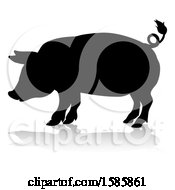 Clipart Of A Silhouetted Pig With A Reflection Or Shadow On A White Background Royalty Free Vector Illustration