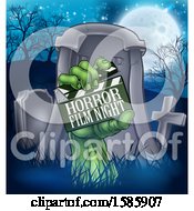 Clipart Of A Green Zombie Hand Holding A Horror Film Night Clapperboard In Front Of A Tombstone Royalty Free Vector Illustration by AtStockIllustration