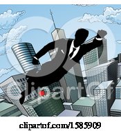 Poster, Art Print Of Silhouetted Super Business Man Flying Through A City