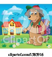 Clipart Of A Cartoon Dog Student By A School Royalty Free Vector Illustration