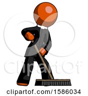 Poster, Art Print Of Orange Clergy Man Cleaning Services Janitor Sweeping Floor With Push Broom