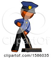 Poster, Art Print Of Orange Police Man Cleaning Services Janitor Sweeping Floor With Push Broom