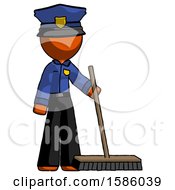 Orange Police Man Standing With Industrial Broom