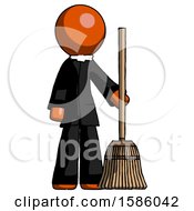 Orange Clergy Man Standing With Broom Cleaning Services