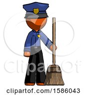 Orange Police Man Standing With Broom Cleaning Services