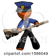 Orange Police Man Broom Fighter Defense Pose