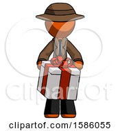 Poster, Art Print Of Orange Detective Man Gifting Present With Large Bow Front View