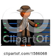 Poster, Art Print Of Orange Detective Man With Server Racks In Front Of Two Networked Systems