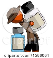 Orange Detective Man Holding Large White Medicine Bottle With Bottle In Background