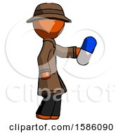 Poster, Art Print Of Orange Detective Man Holding Blue Pill Walking To Right