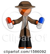 Poster, Art Print Of Orange Detective Man Holding A Red Pill And Blue Pill