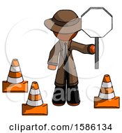 Poster, Art Print Of Orange Detective Man Holding Stop Sign By Traffic Cones Under Construction Concept