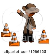 Poster, Art Print Of Orange Detective Man Standing By Traffic Cones Waving