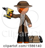 Poster, Art Print Of Orange Detective Man Holding Drill Ready To Work Toolchest And Tools To Right
