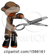 Poster, Art Print Of Orange Detective Man Holding Giant Scissors Cutting Out Something