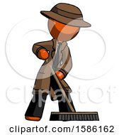 Poster, Art Print Of Orange Detective Man Cleaning Services Janitor Sweeping Floor With Push Broom