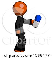 Poster, Art Print Of Orange Clergy Man Holding Blue Pill Walking To Right