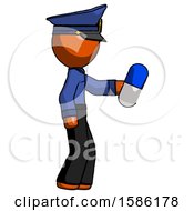 Orange Police Man Holding Blue Pill Walking To Right