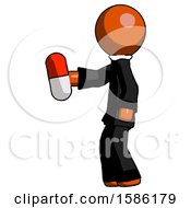 Orange Clergy Man Holding Red Pill Walking To Left