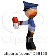 Orange Police Man Holding Red Pill Walking To Left