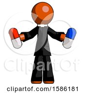 Orange Clergy Man Holding A Red Pill And Blue Pill