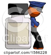 Poster, Art Print Of Orange Police Man Leaning Against Large Medicine Bottle
