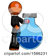 Orange Clergy Man Standing Beside Large Round Flask Or Beaker