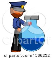 Orange Police Man Standing Beside Large Round Flask Or Beaker