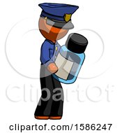 Poster, Art Print Of Orange Police Man Holding Glass Medicine Bottle