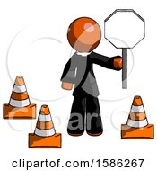 Poster, Art Print Of Orange Clergy Man Holding Stop Sign By Traffic Cones Under Construction Concept
