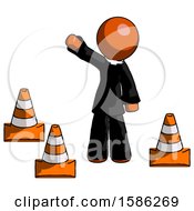 Orange Clergy Man Standing By Traffic Cones Waving