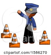 Poster, Art Print Of Orange Police Man Standing By Traffic Cones Waving