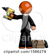 Poster, Art Print Of Orange Clergy Man Holding Drill Ready To Work Toolchest And Tools To Right