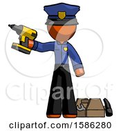 Poster, Art Print Of Orange Police Man Holding Drill Ready To Work Toolchest And Tools To Right