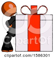 Poster, Art Print Of Orange Clergy Man Gift Concept - Leaning Against Large Present