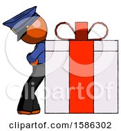 Poster, Art Print Of Orange Police Man Gift Concept - Leaning Against Large Present