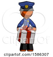 Poster, Art Print Of Orange Police Man Gifting Present With Large Bow Front View