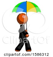 Orange Clergy Man Walking With Colored Umbrella