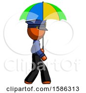 Orange Police Man Walking With Colored Umbrella