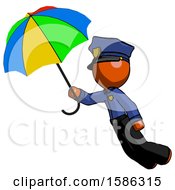 Orange Police Man Flying With Rainbow Colored Umbrella