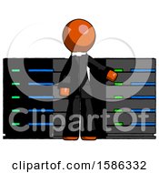 Poster, Art Print Of Orange Clergy Man With Server Racks In Front Of Two Networked Systems