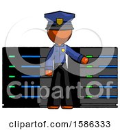 Poster, Art Print Of Orange Police Man With Server Racks In Front Of Two Networked Systems
