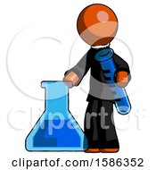 Orange Clergy Man Holding Test Tube Beside Beaker Or Flask