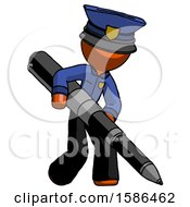Poster, Art Print Of Orange Police Man Writing With A Really Big Pen