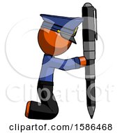 Orange Police Man Posing With Giant Pen In Powerful Yet Awkward Manner