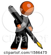 Orange Clergy Man Drawing Or Writing With Large Calligraphy Pen