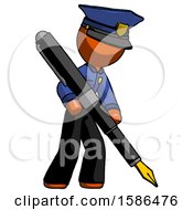 Orange Police Man Drawing Or Writing With Large Calligraphy Pen