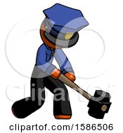 Poster, Art Print Of Orange Police Man Hitting With Sledgehammer Or Smashing Something At Angle