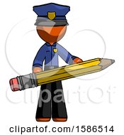 Poster, Art Print Of Orange Police Man Writer Or Blogger Holding Large Pencil